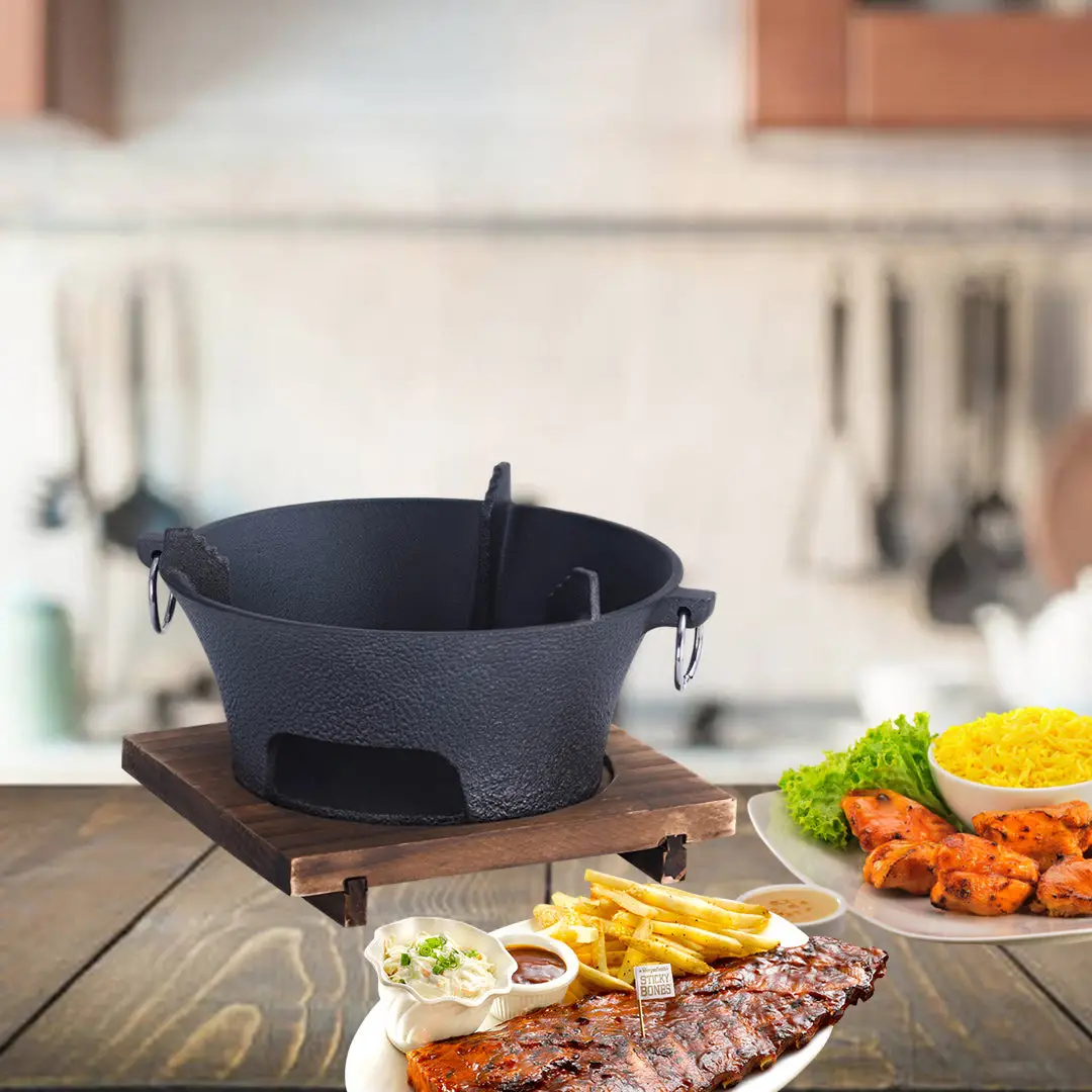 SOGA 2X Small Cast Iron Round Stove Charcoal Table Net Grill Japanese Style BBQ Picnic Camping with Wooden Board - Image 2