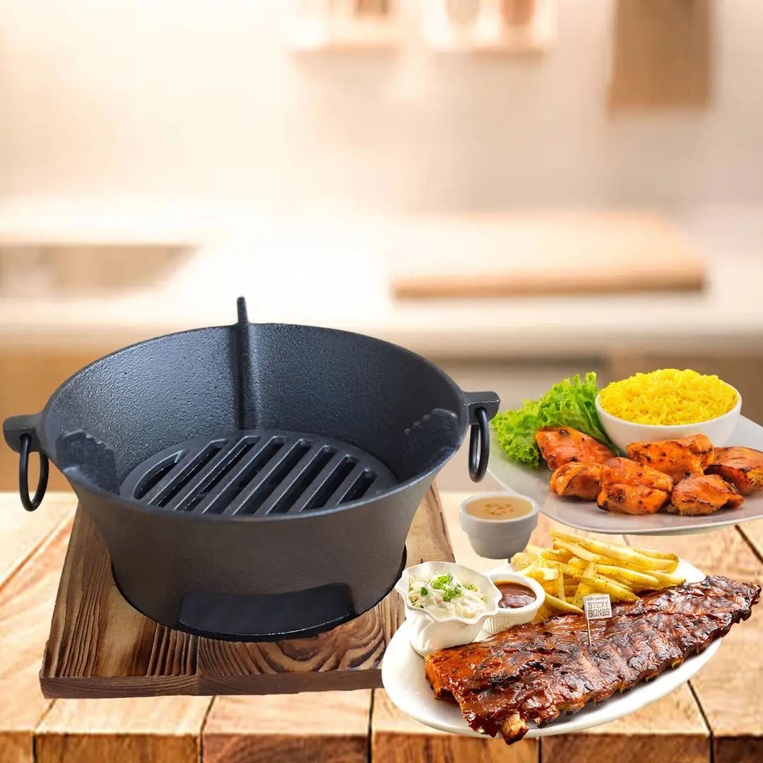 SOGA 2X Small Cast Iron Round Stove Charcoal Table Net Grill Japanese Style BBQ Picnic Camping with Wooden Board - Image 3