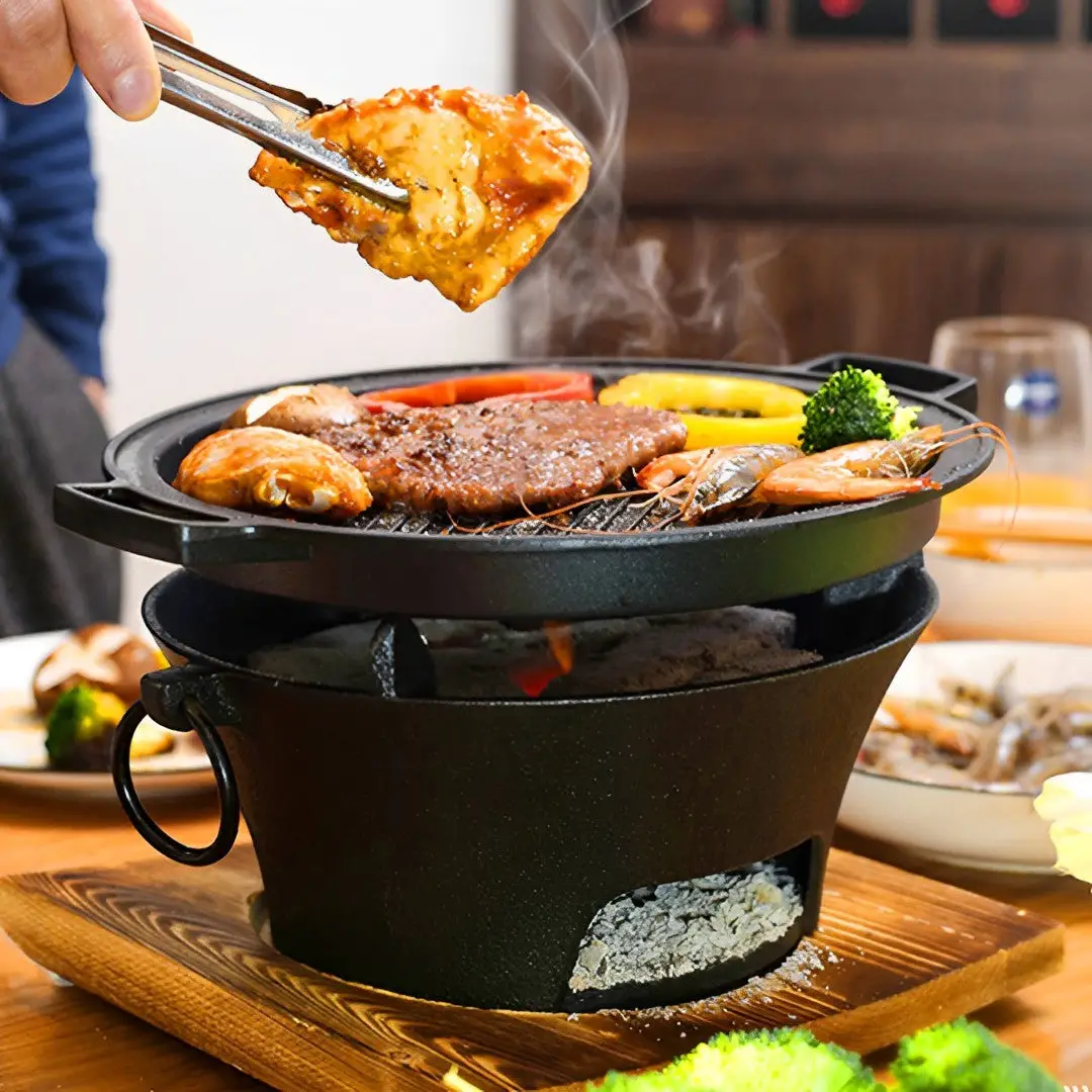SOGA 2X Small Cast Iron Round Stove Charcoal Table Net Grill Japanese Style BBQ Picnic Camping with Wooden Board - Image 5