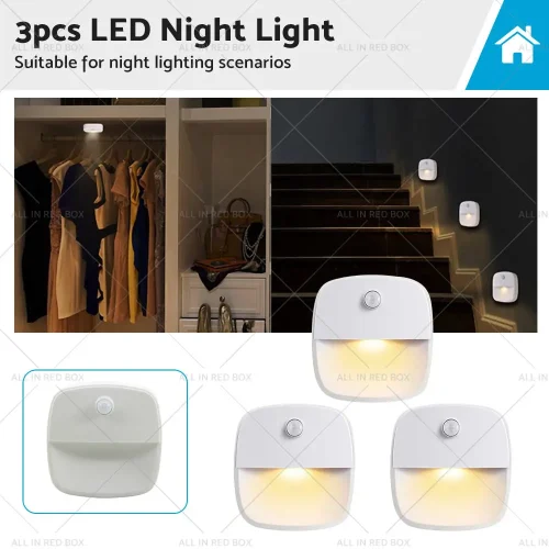 3 PCS Cordless Battery-Powered LED Night Light Motion Sensor Light-Warm White