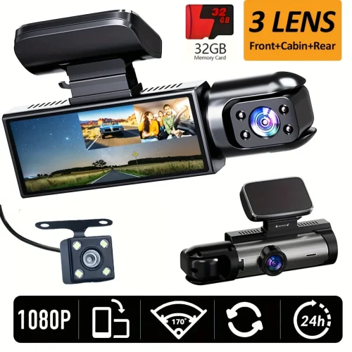 Super Memory Triple Cam Dash Cam! 32GB storage + 1080P HD triple lens, 170¬∞ panoramic coverage of front, cabin, and rear, 24/7 protection for your safe journey.