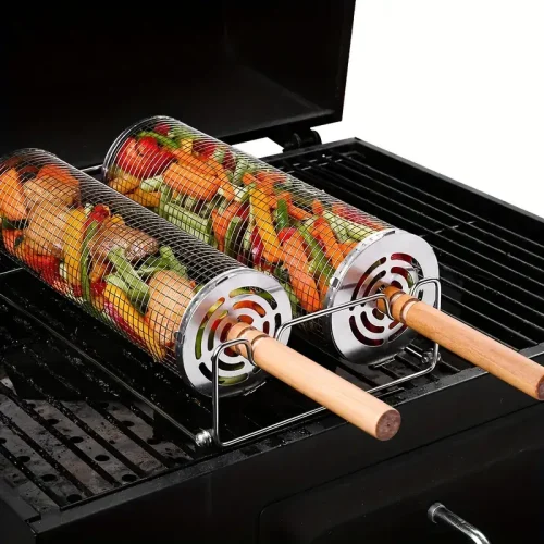 2-Pack Stainless Steel Rotating Grill Baskets with Removable Wooden Handle ‚Äö√Ñ√¨ Durable 304 Mesh for Veggies, Prawns & More ‚Äö√Ñ√¨ Perfect for BBQ, Camping & Outdoor Cooking, Great Gift for Dad or Husband