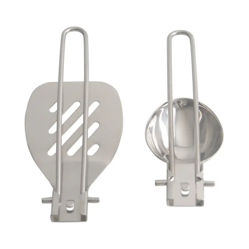 Silver Premium 304 Stainless Steel Folding Camping Utensil Set - Spatula & Deep Spoon Combo for Outdoor Cooking - Image 2