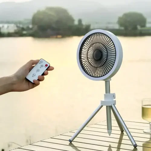 White Portable Outdoor Tripod Fan ‚Äö√Ñ√∂‚àö√ë‚àö¬® USB Rechargeable Camping Fan with Remote Control, Folding & Adjustable for Outdoor Activities and Travel